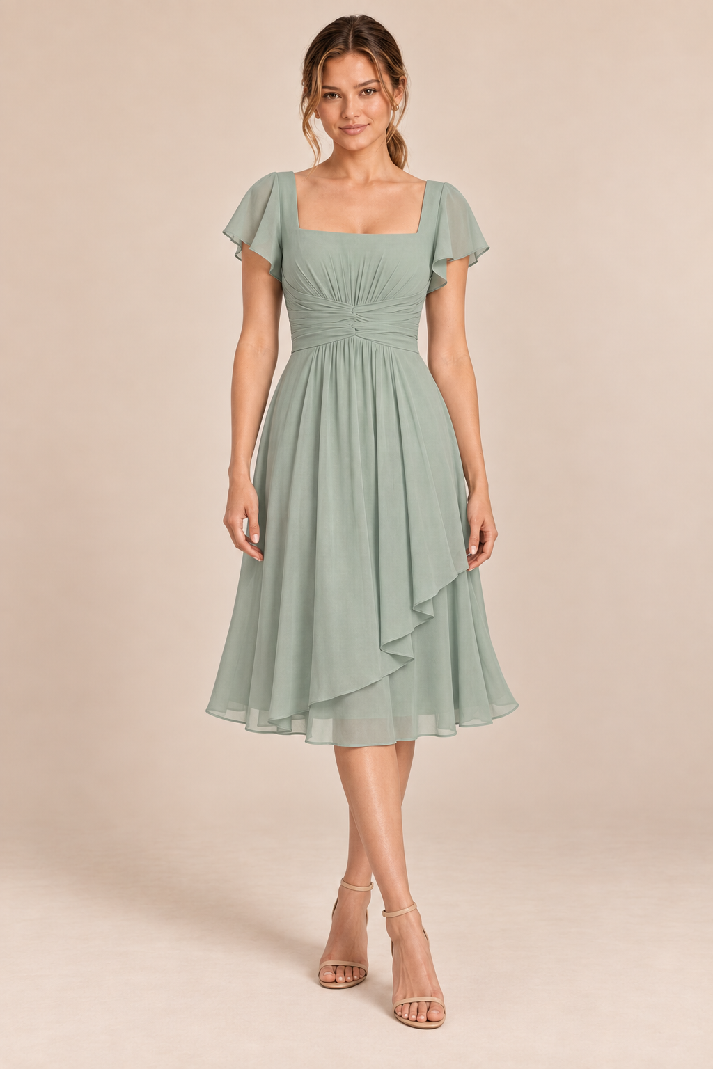 Sage Green chiffon square-neck flutter-sleeve chiffon ruched midi dress, front view