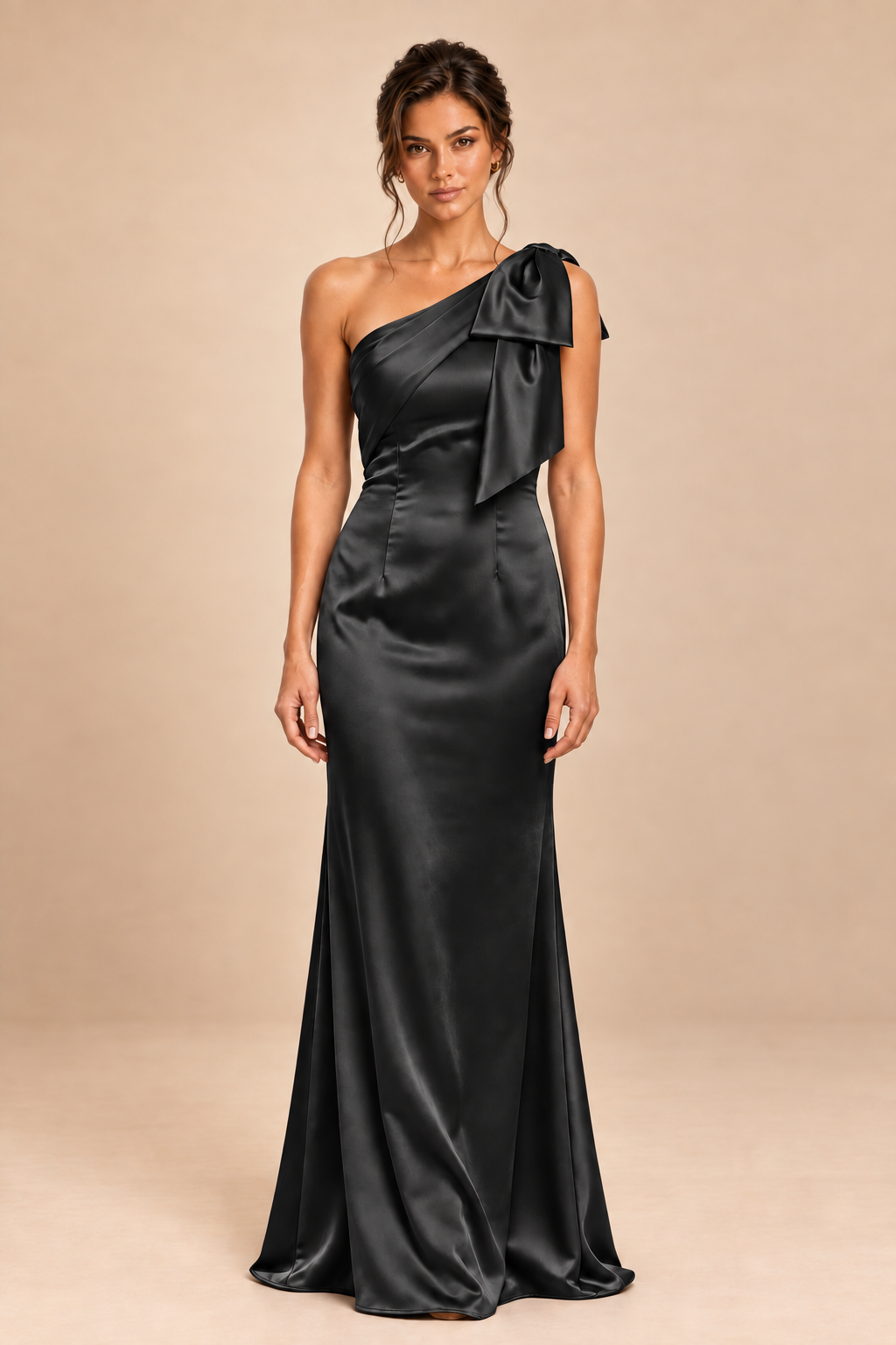 black satin-like one-shoulder bow dress, front view