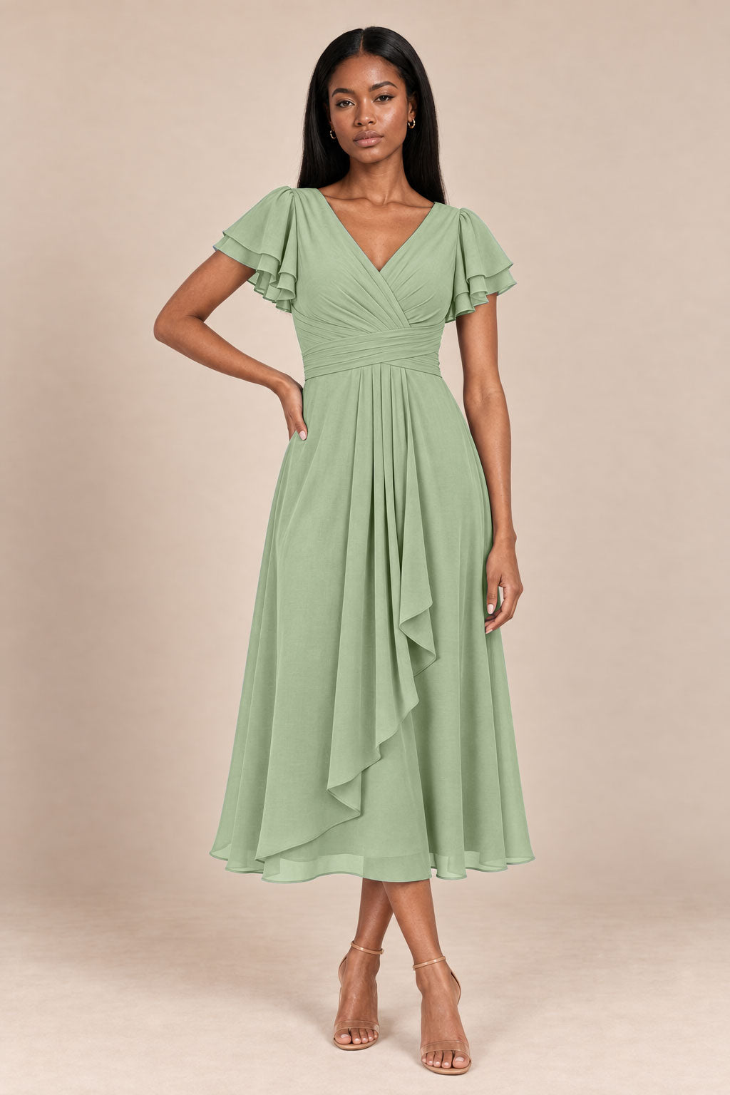 a0019 sage green flutter sleeve midi v neck dress, front view