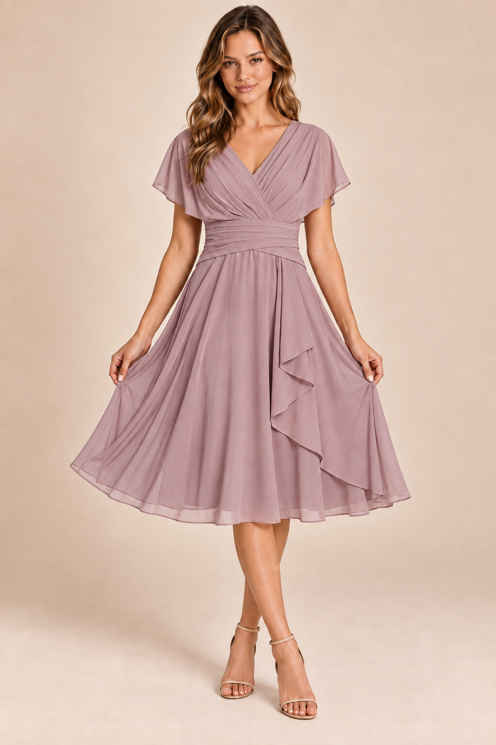 Dusty Rose V-neck flutter-sleeve chiffon midi dress, front view