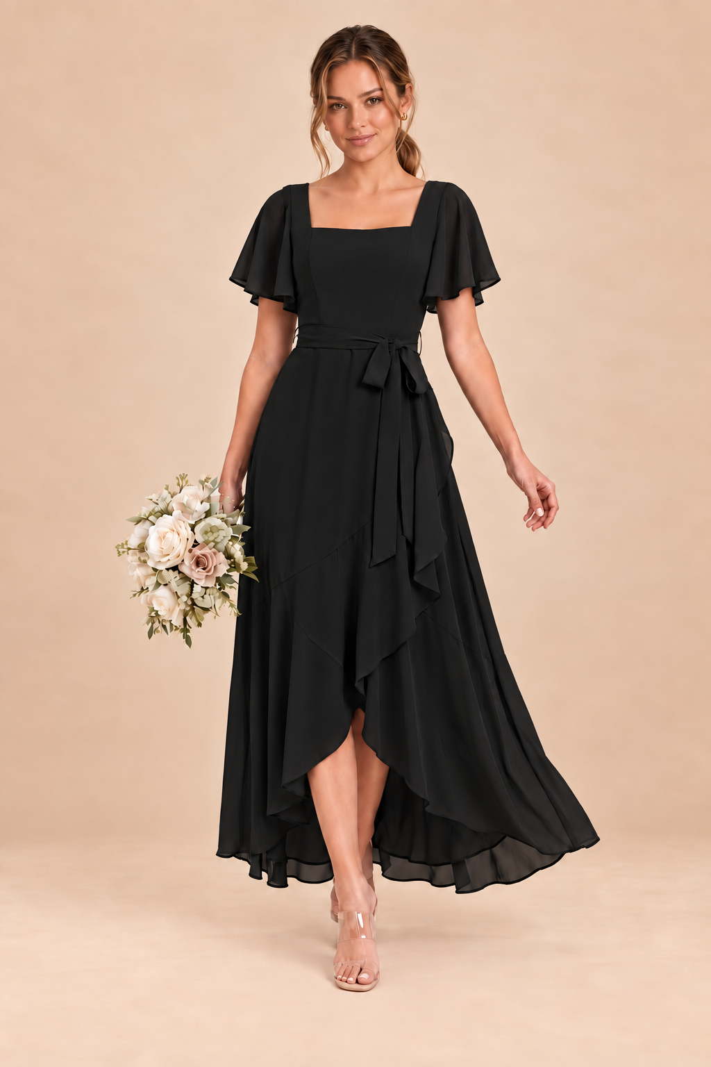 Square-Neck Flutter Sleeve Chiffon Bridesmaid Dress