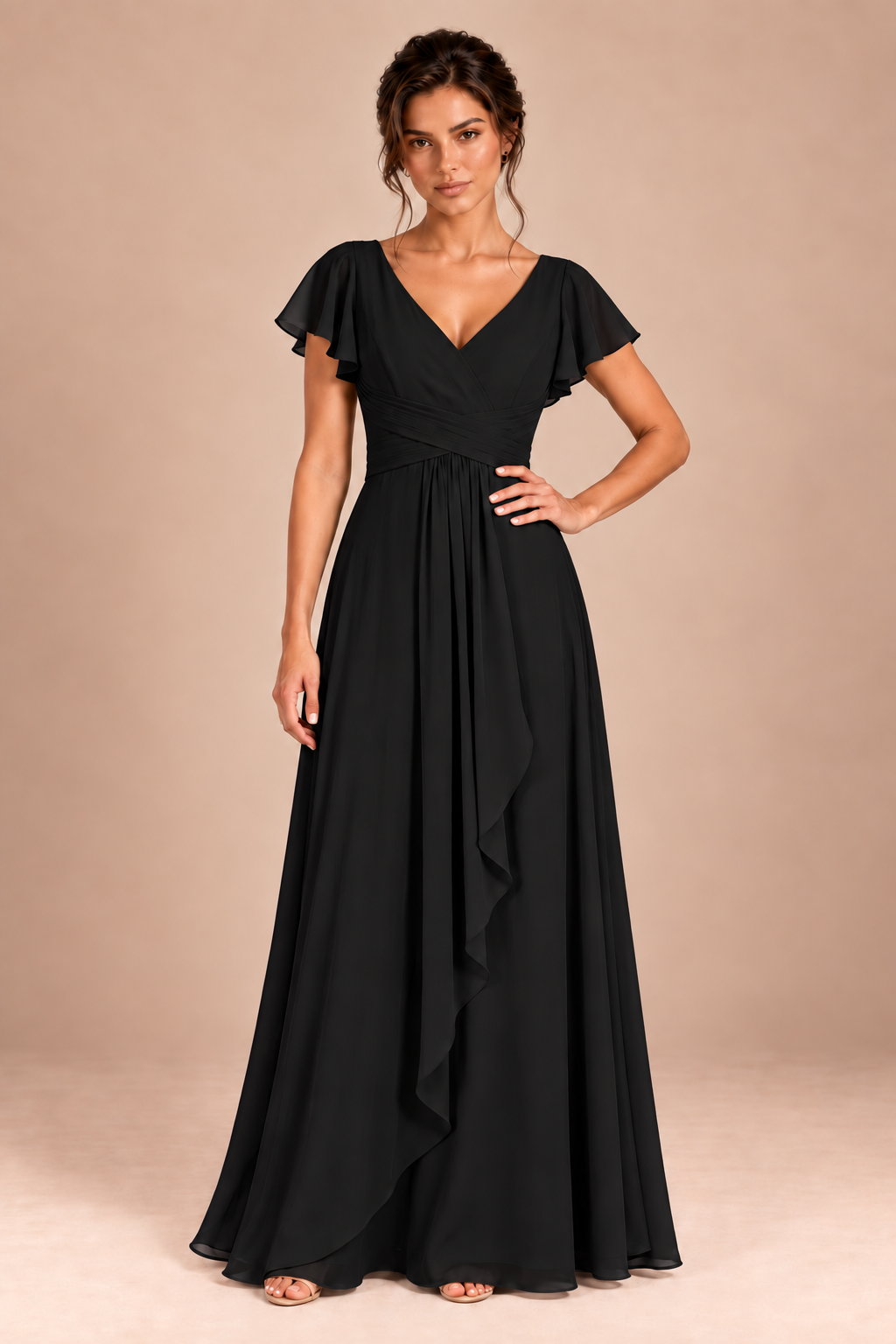 V-Neck Flutter Sleeve Chiffon Bridesmaid Dress