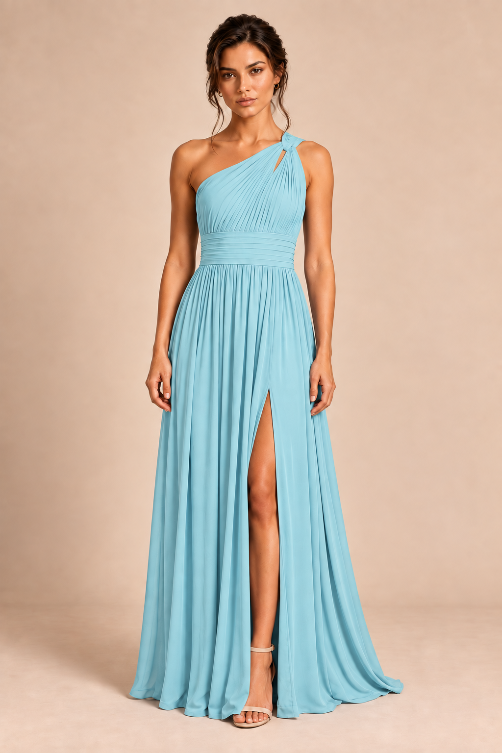 One-Shoulder Pleated Chiffon A-Line Slit Dress