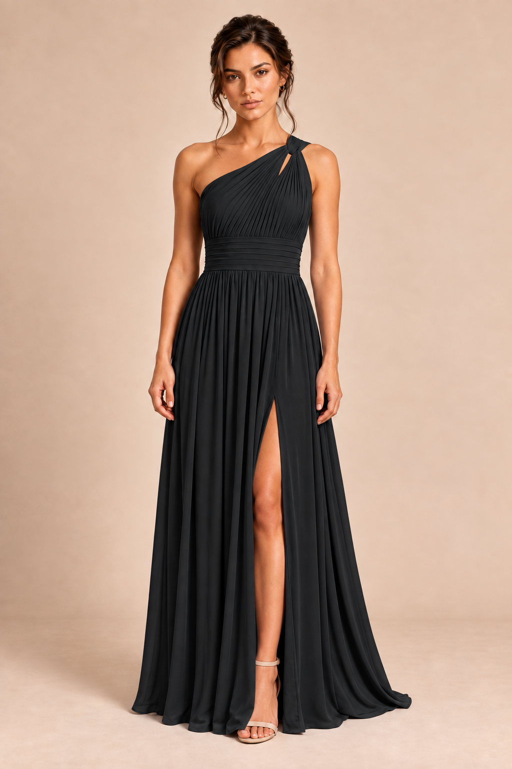 One-Shoulder Pleated Chiffon A-Line Slit Dress