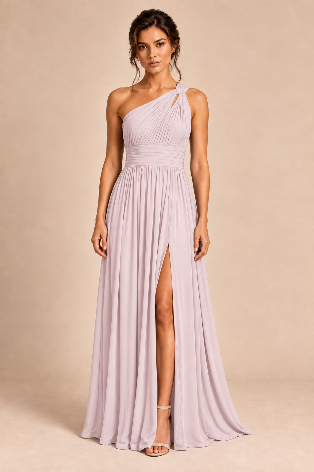 One-Shoulder Pleated Chiffon A-Line Slit Dress