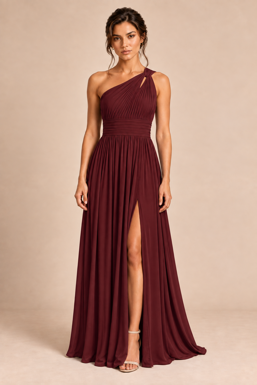 One-Shoulder Pleated Chiffon A-Line Slit Dress