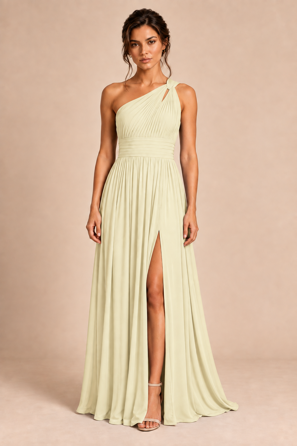 One-Shoulder Pleated Chiffon A-Line Slit Dress