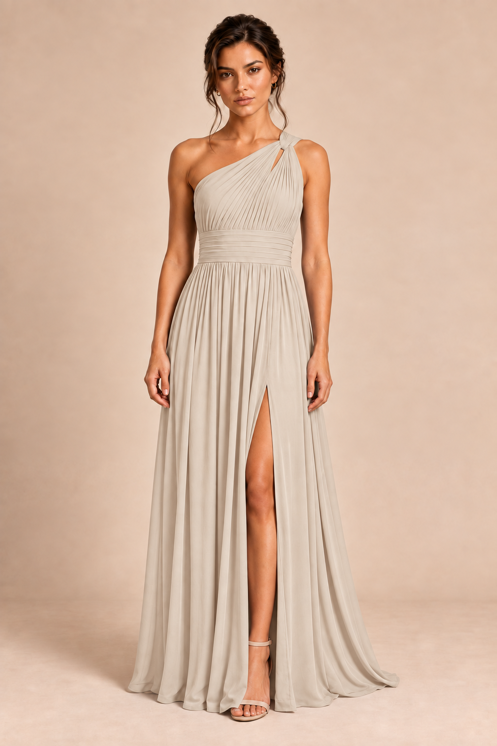 One-Shoulder Pleated Chiffon A-Line Slit Dress