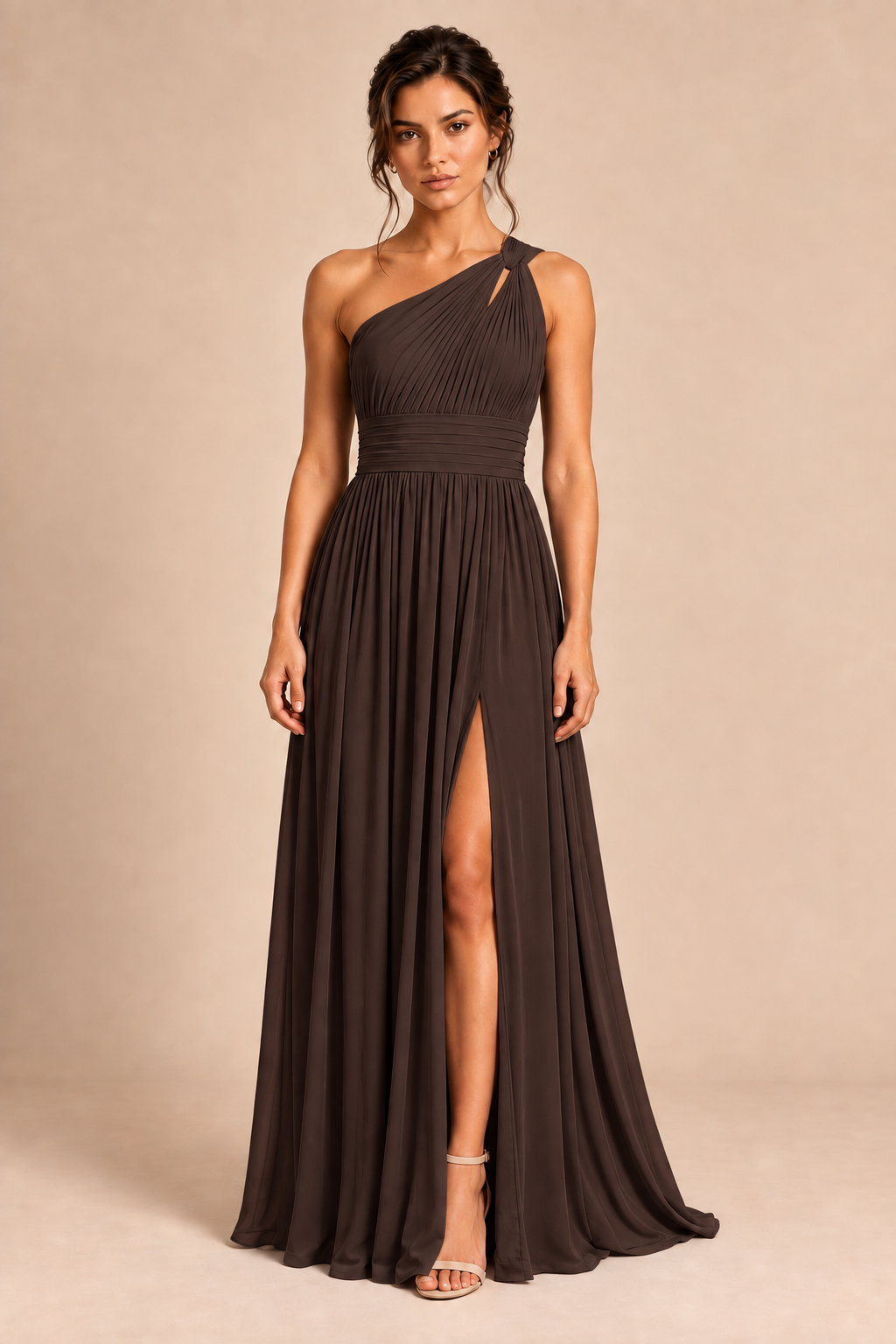 One-Shoulder Pleated Chiffon A-Line Slit Dress