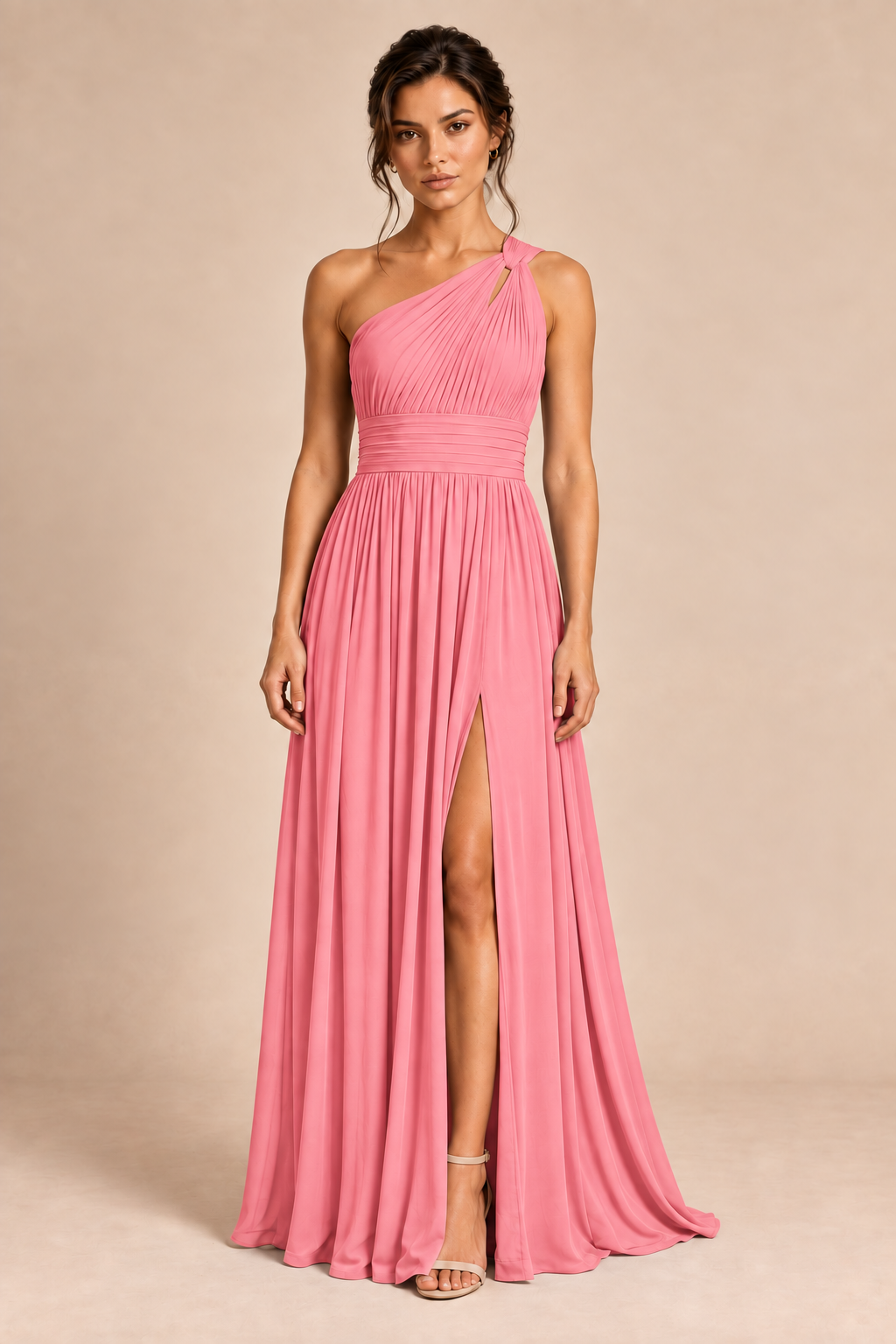 One-Shoulder Pleated Chiffon A-Line Slit Dress