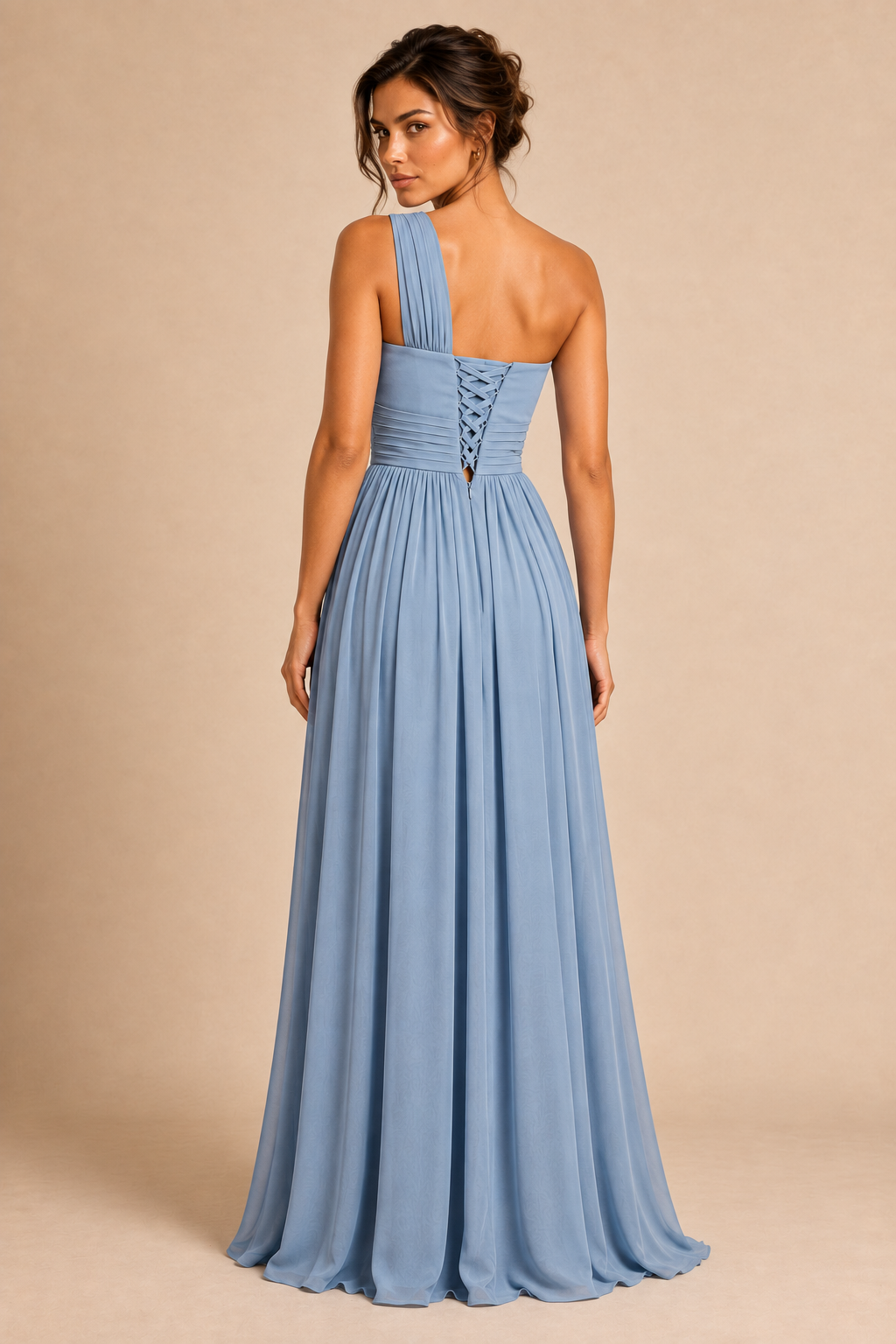 Dusty blue chiffon one-shoulder dress, back view with crisscross lace-up detail