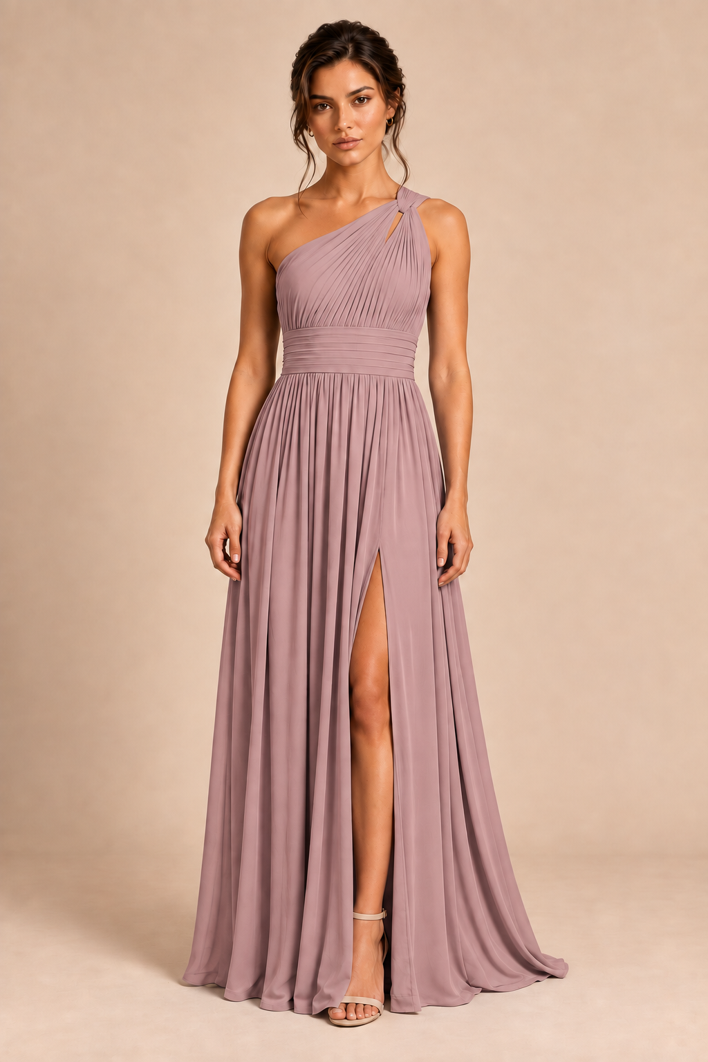 One-Shoulder Pleated Chiffon A-Line Slit Dress