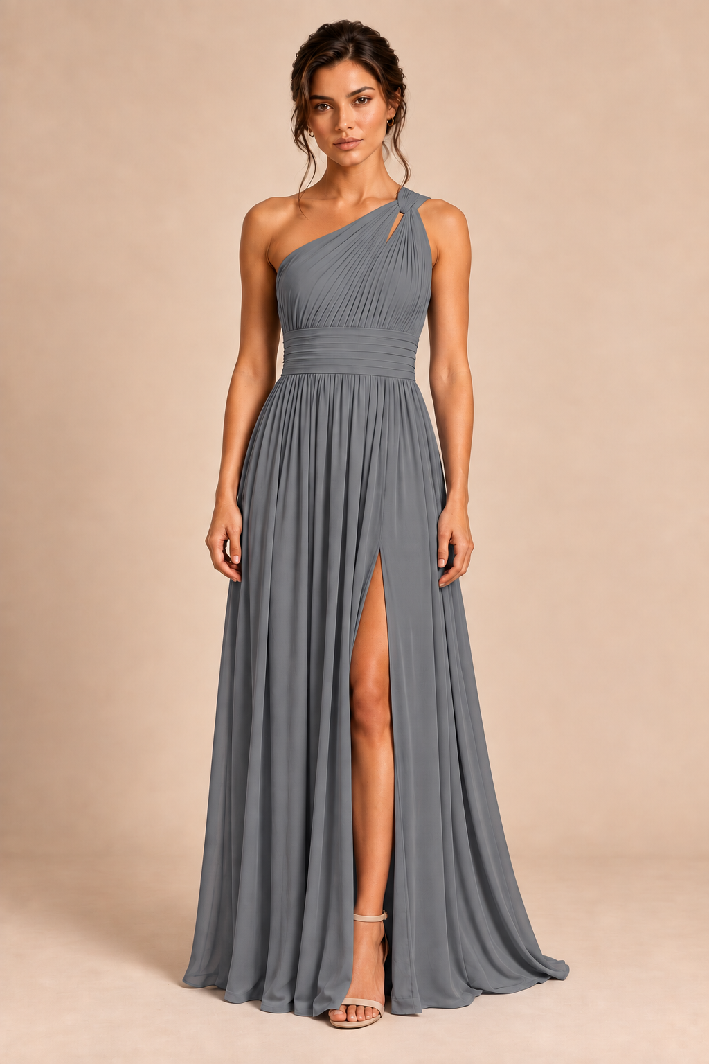 One-Shoulder Pleated Chiffon A-Line Slit Dress