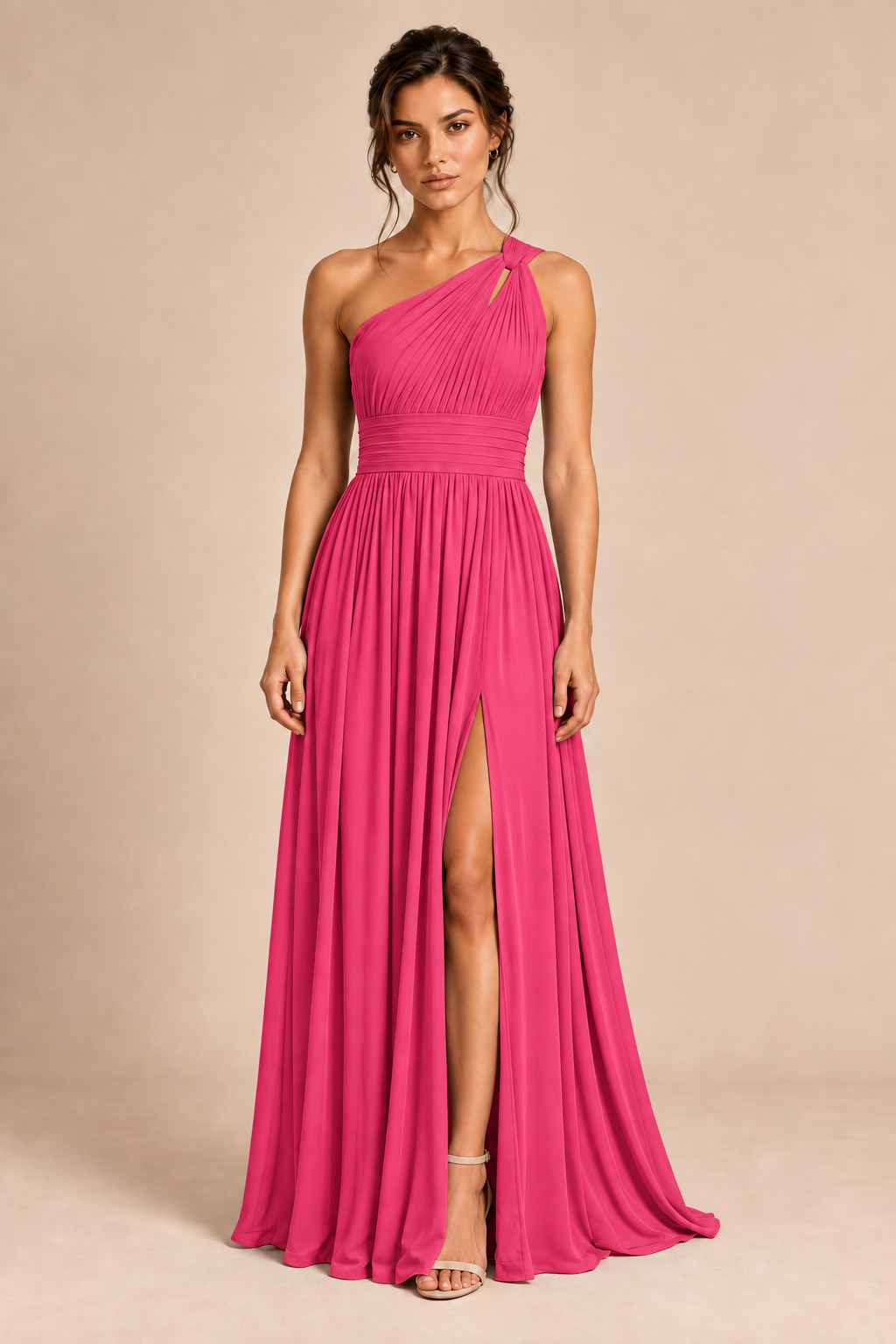 One-Shoulder Pleated Chiffon A-Line Slit Dress