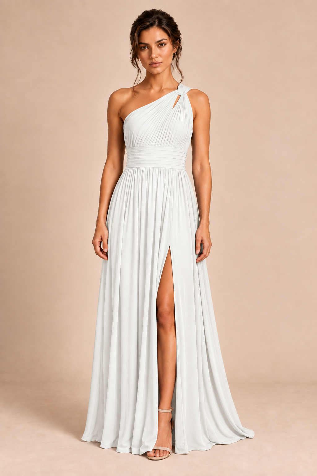 One-Shoulder Pleated Chiffon A-Line Slit Dress