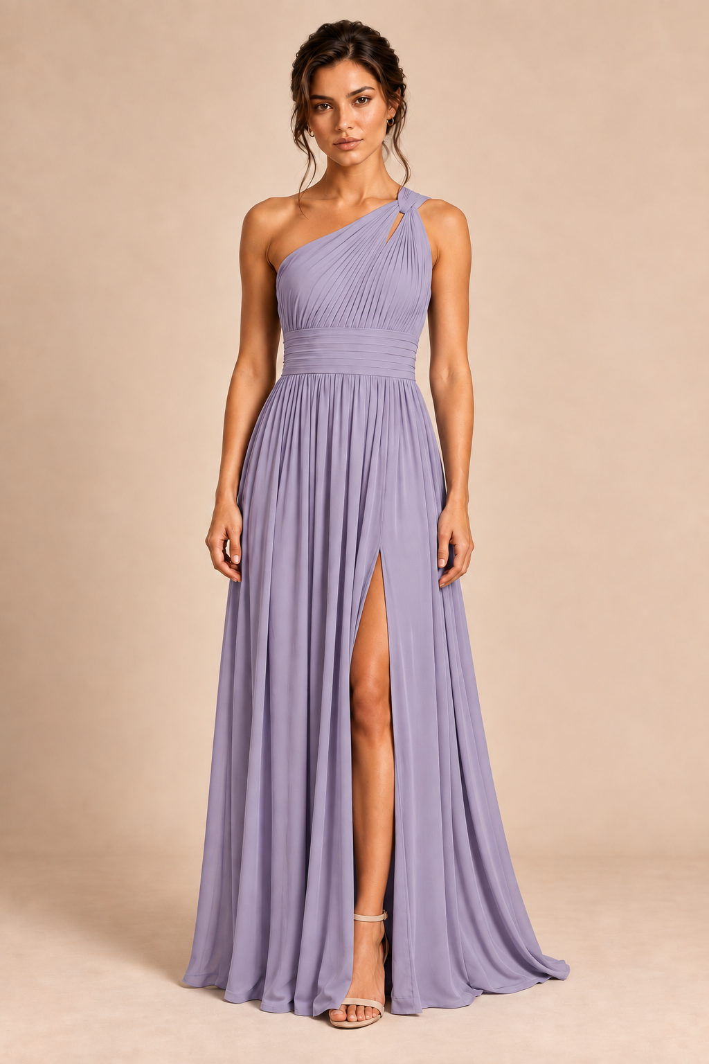 One-Shoulder Pleated Chiffon A-Line Slit Dress