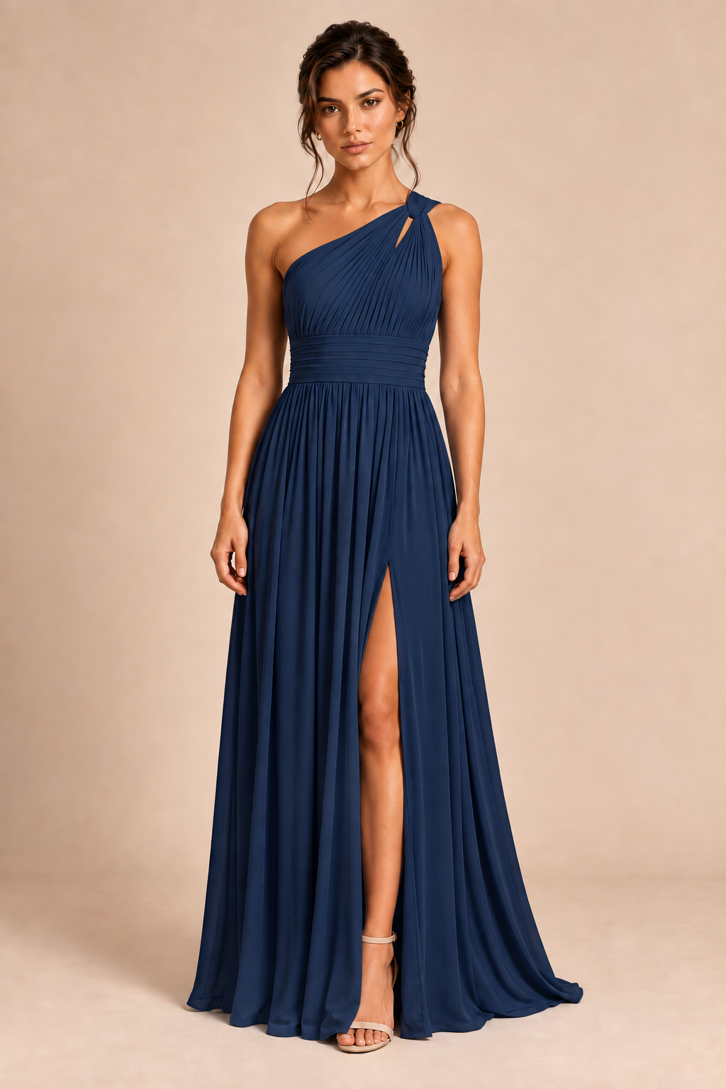 One-Shoulder Pleated Chiffon A-Line Slit Dress
