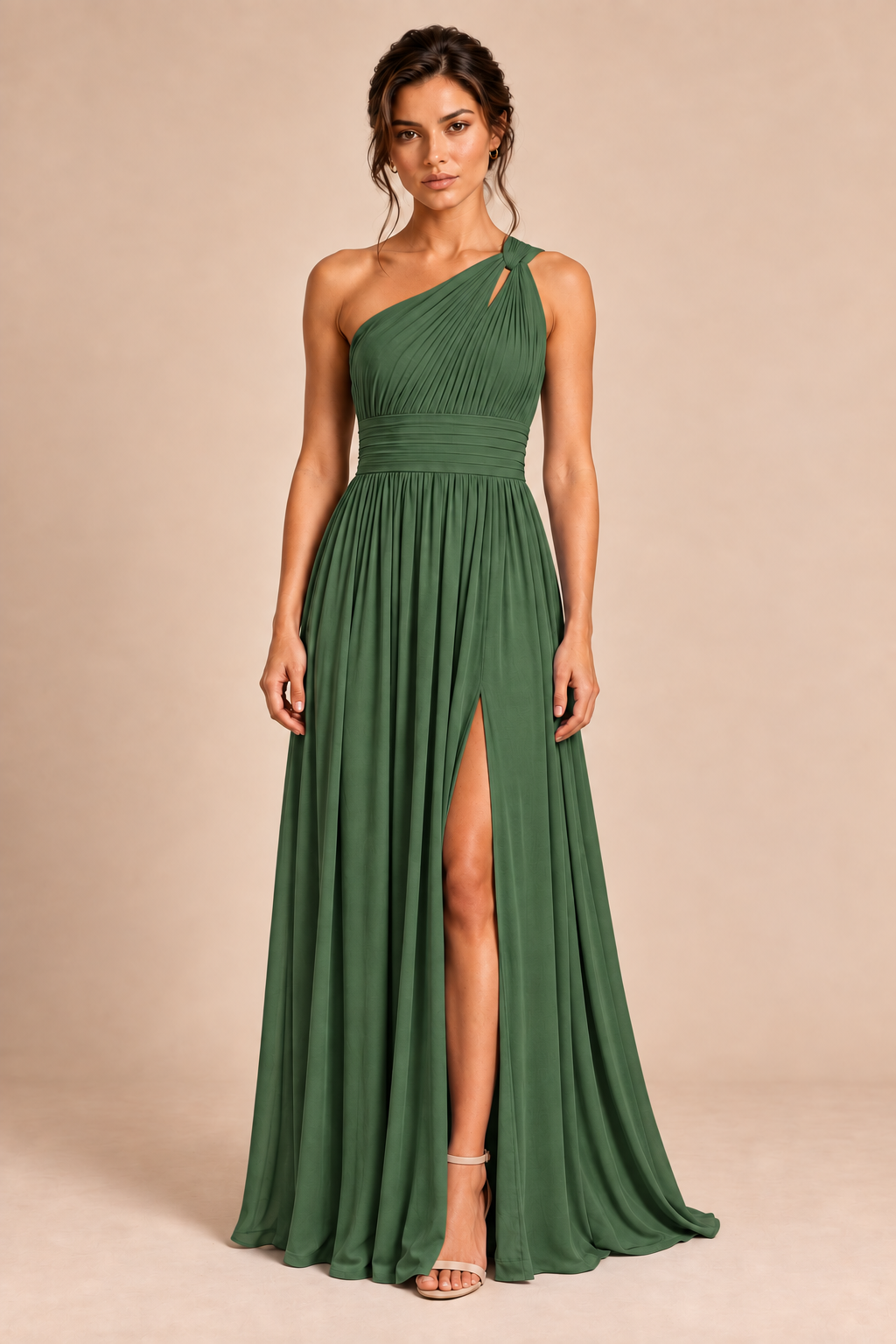 One-Shoulder Pleated Chiffon A-Line Slit Dress