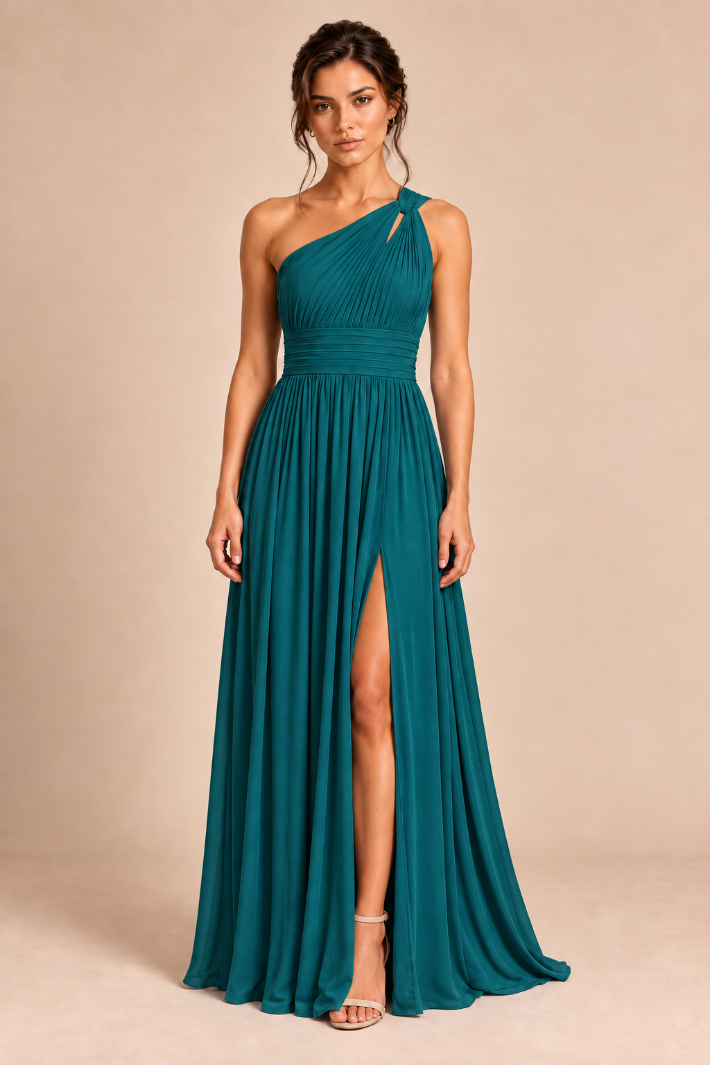 One-Shoulder Pleated Chiffon A-Line Slit Dress