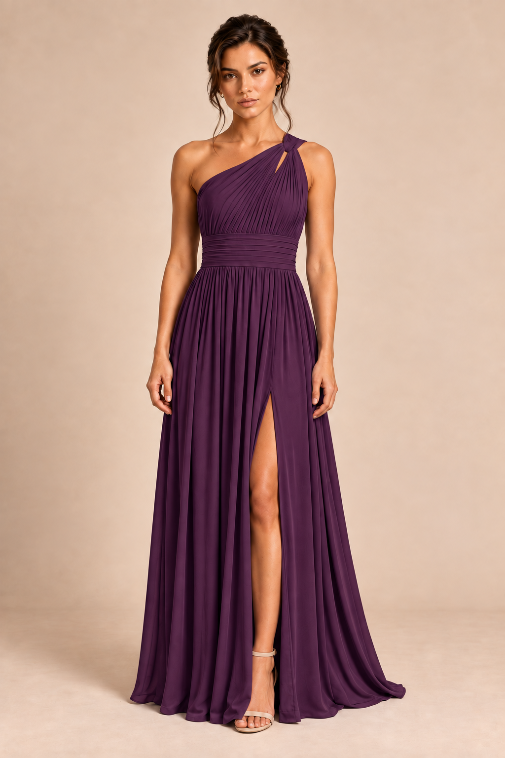 One-Shoulder Pleated Chiffon A-Line Slit Dress