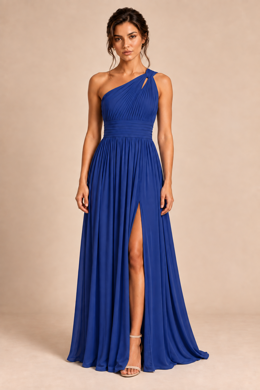 One-Shoulder Pleated Chiffon A-Line Slit Dress