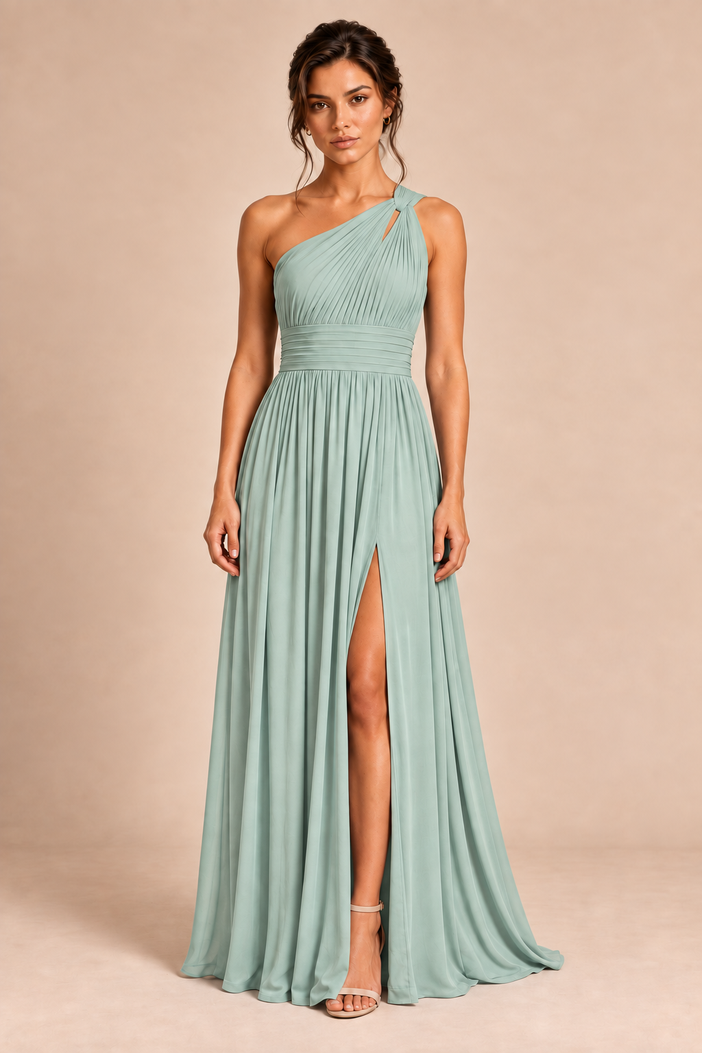 One-Shoulder Pleated Chiffon A-Line Slit Dress