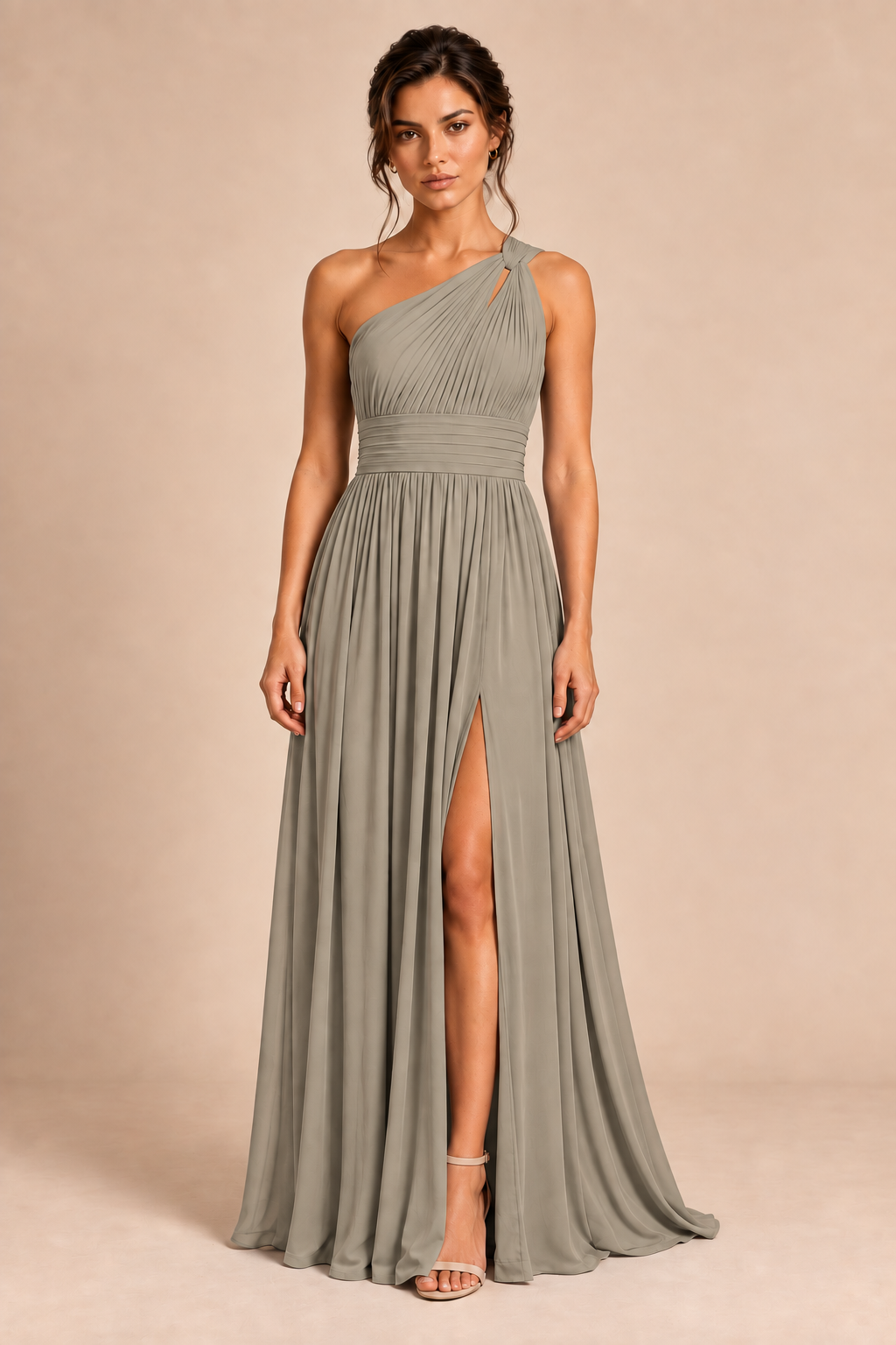 One-Shoulder Pleated Chiffon A-Line Slit Dress