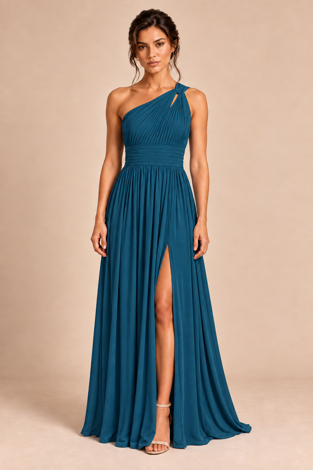 One-Shoulder Pleated Chiffon A-Line Slit Dress
