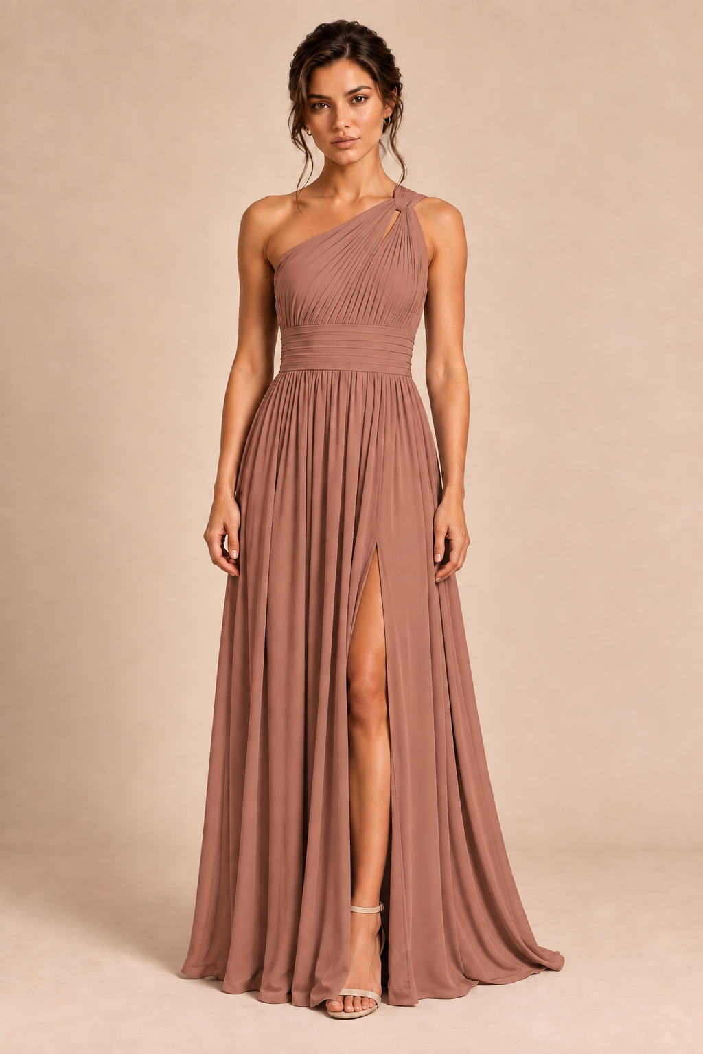 One-Shoulder Pleated Chiffon A-Line Slit Dress