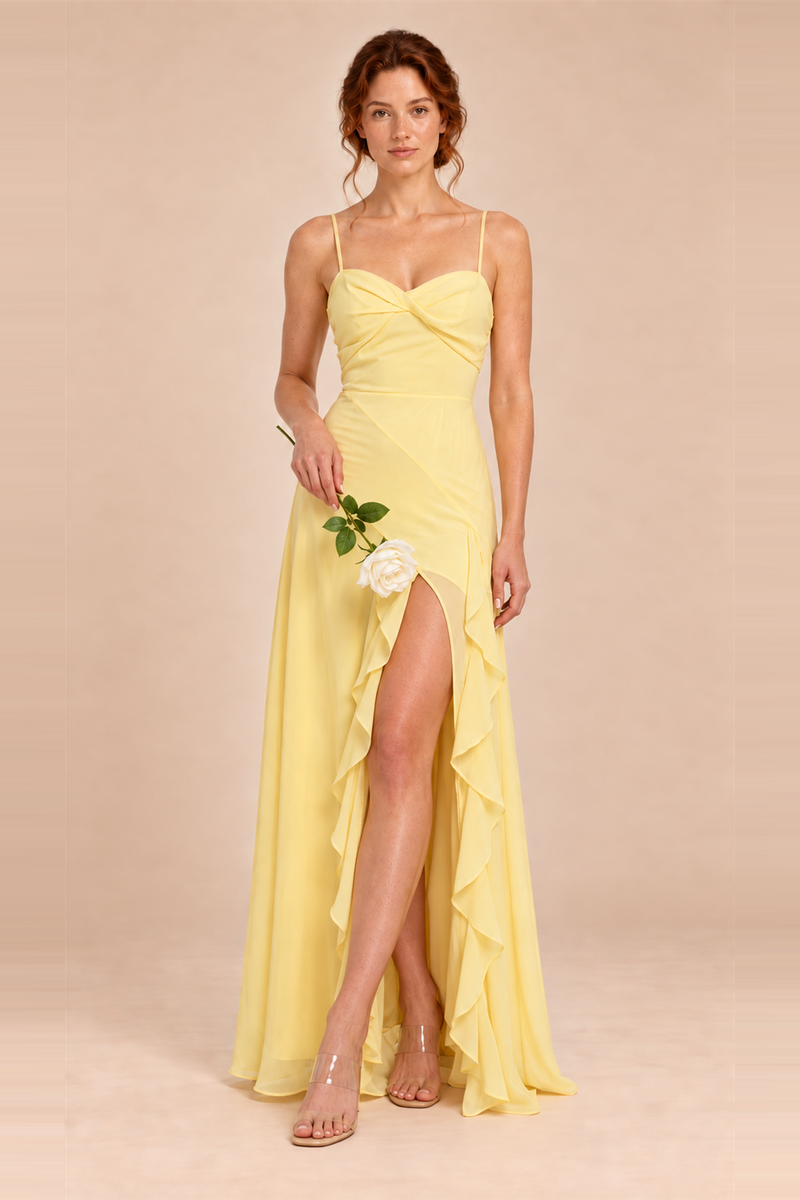 Butter Yellow chiffon sweetheart ruched A-line ruffle slit dress, front view