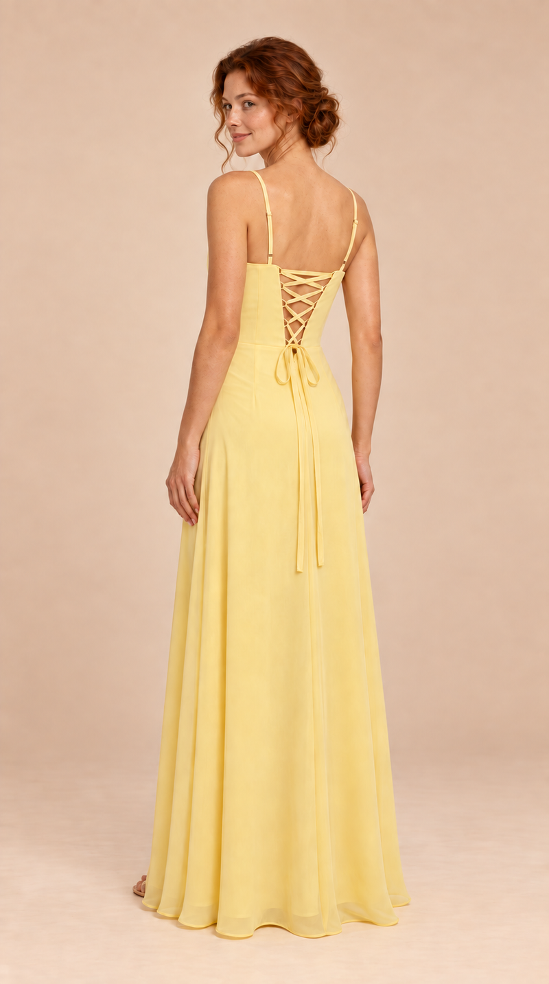 Butter Yellow chiffon sweetheart ruched chiffon a-line ruffle slit dress, back view