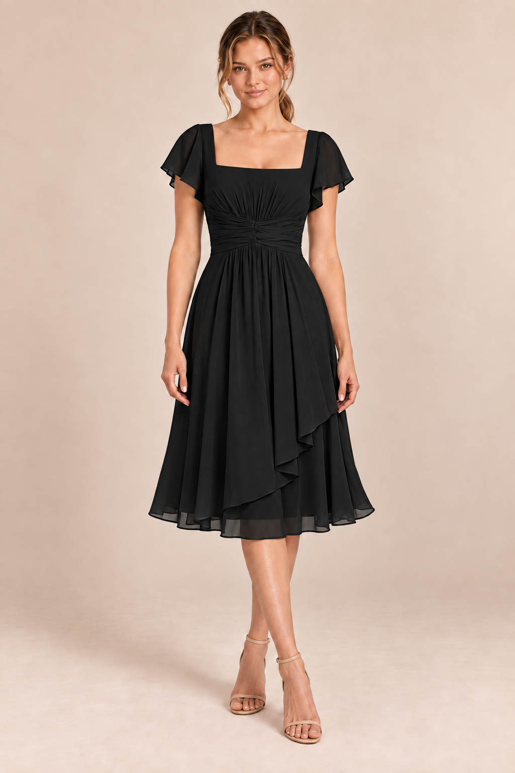 Black chiffon square-neck flutter-sleeve chiffon ruched midi dress, front view