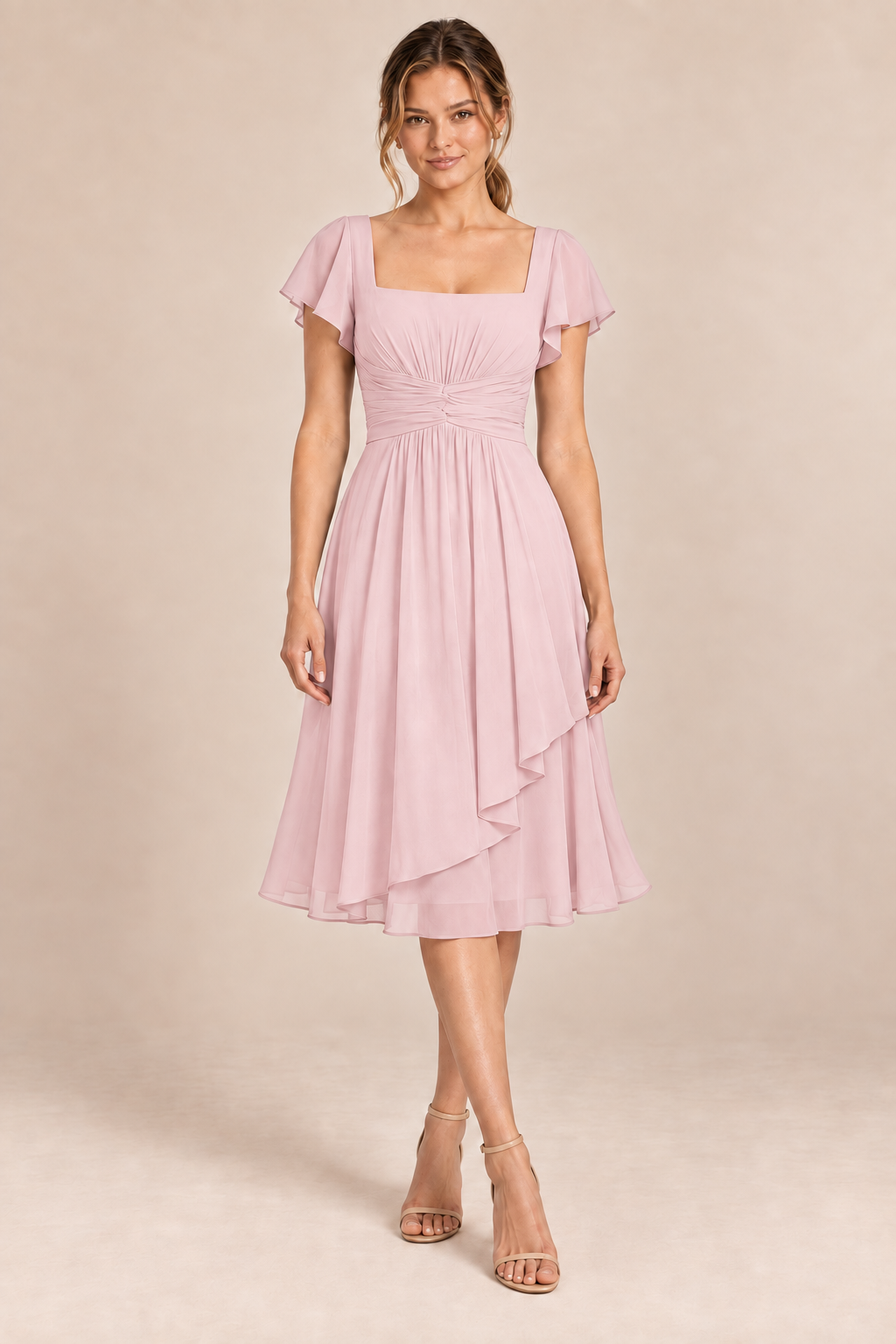 Blush Pink chiffon square-neck flutter-sleeve chiffon ruched midi dress, front view