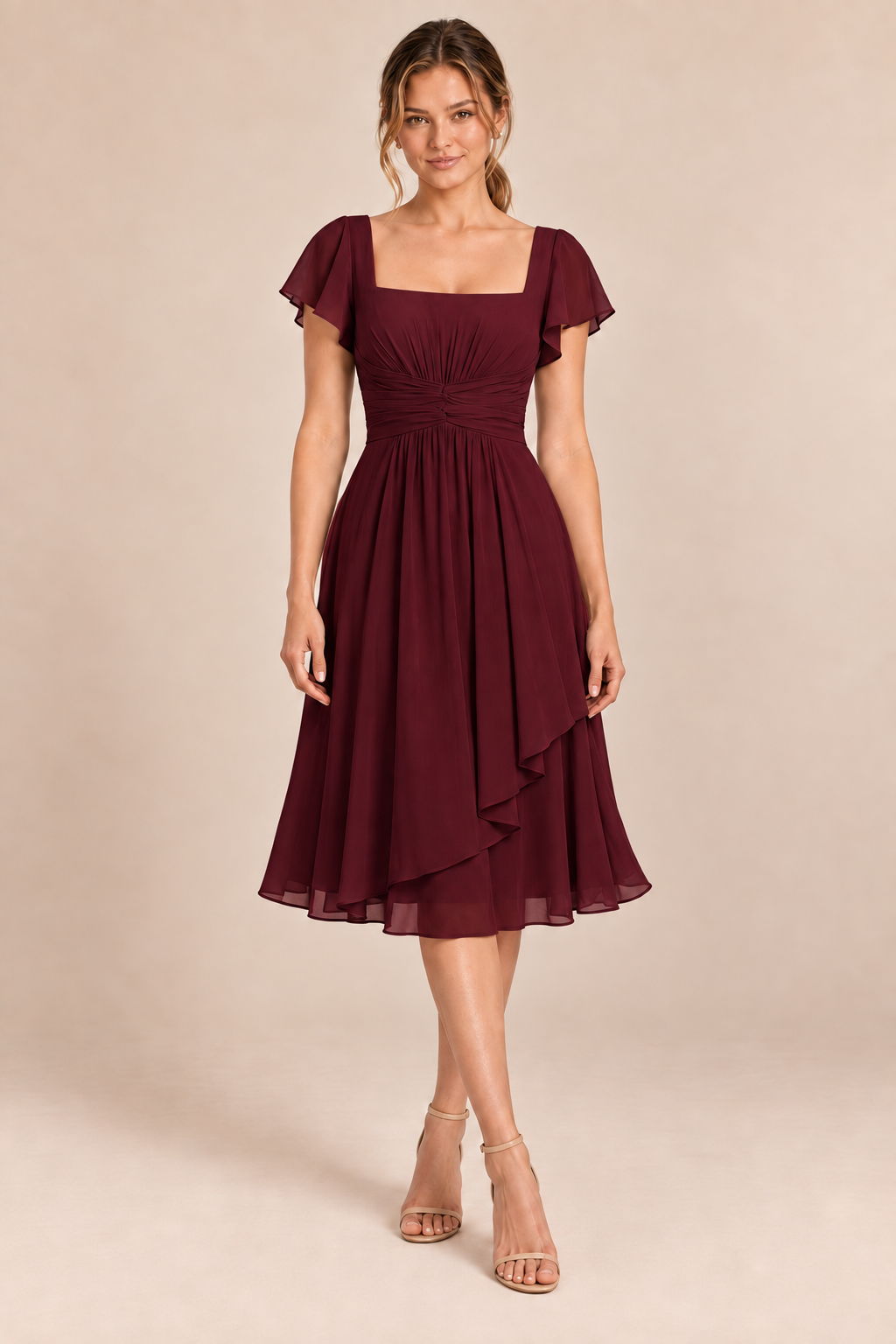 Burgundy chiffon square-neck flutter-sleeve chiffon ruched midi dress, front view