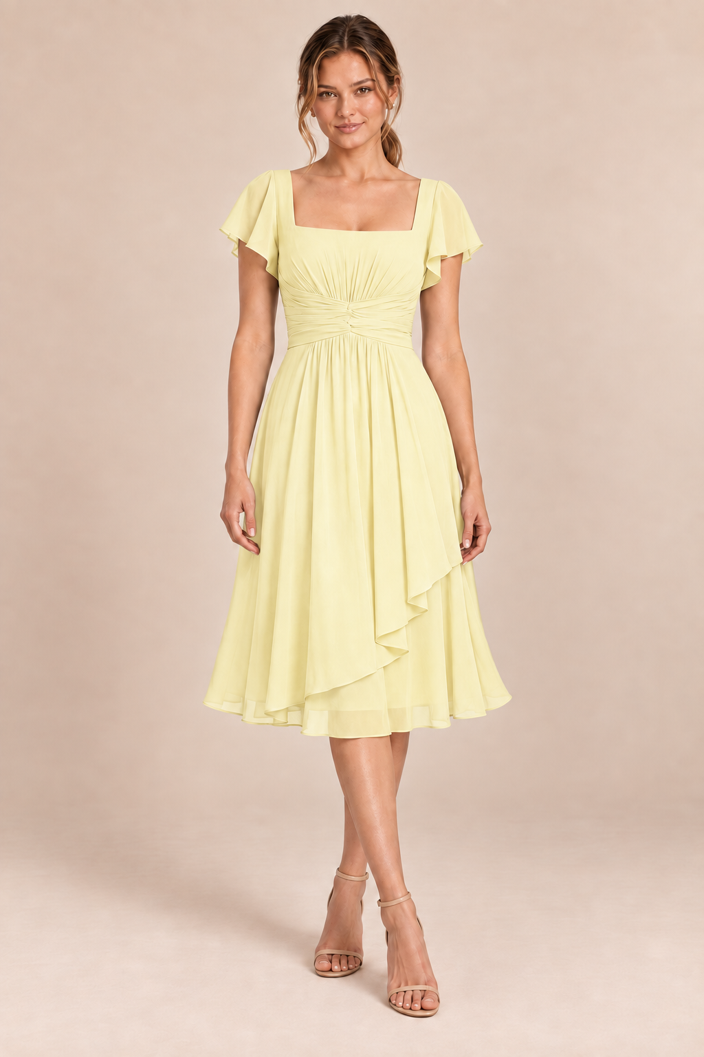 Butter Yellow chiffon square-neck flutter-sleeve chiffon ruched midi dress, front view
