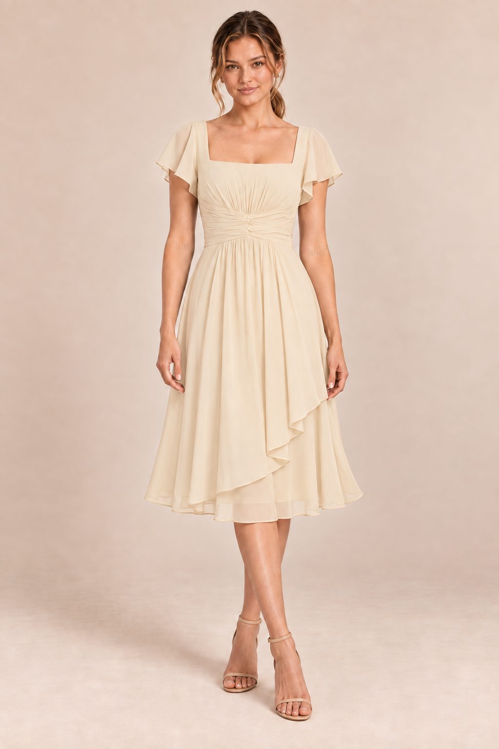 Champagne chiffon square-neck flutter-sleeve chiffon ruched midi dress, front view