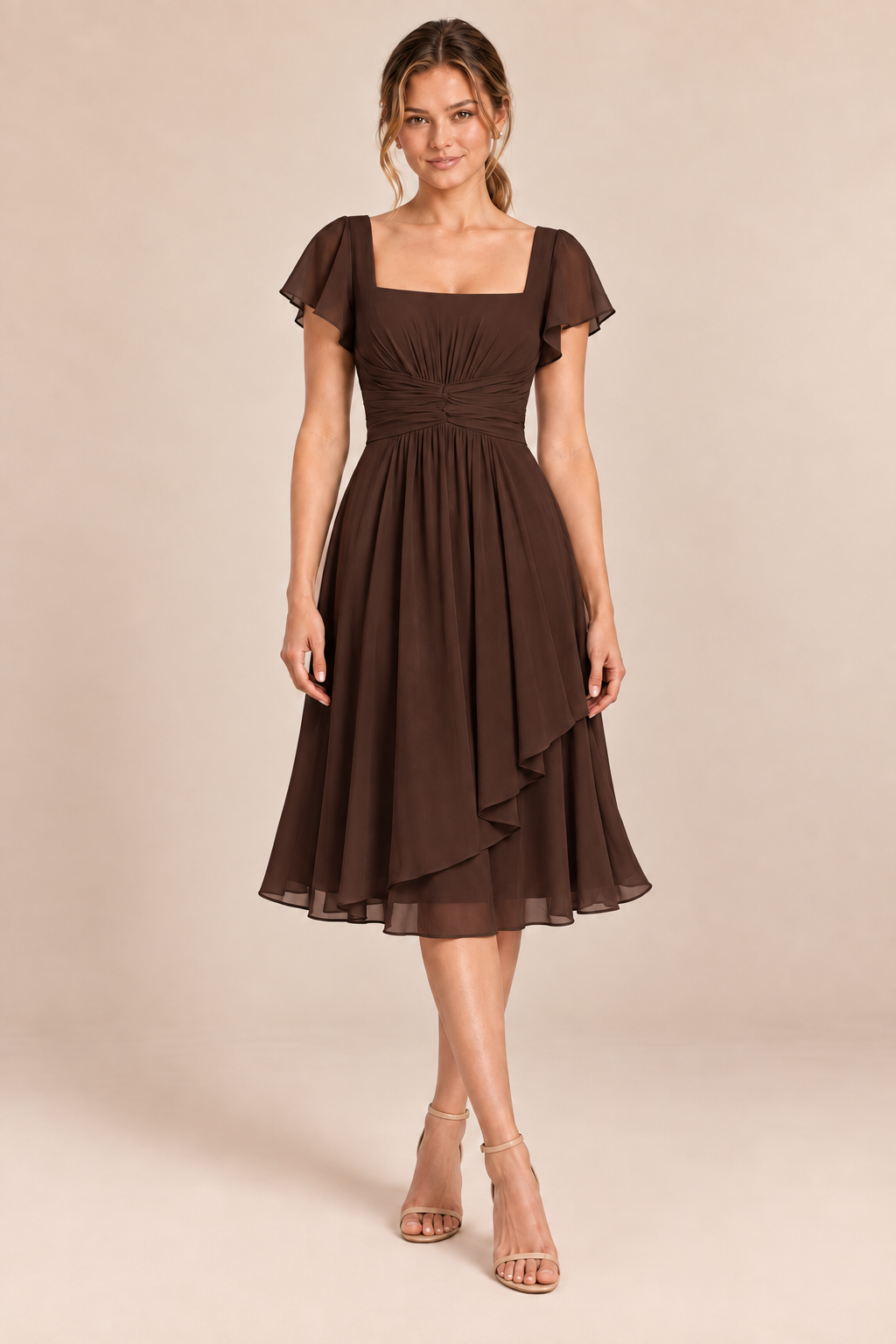 Chocolate Brown chiffon square-neck flutter-sleeve chiffon ruched midi dress, front view