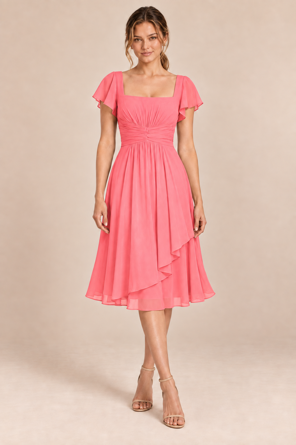 Coral chiffon square-neck flutter-sleeve chiffon ruched midi dress, front view