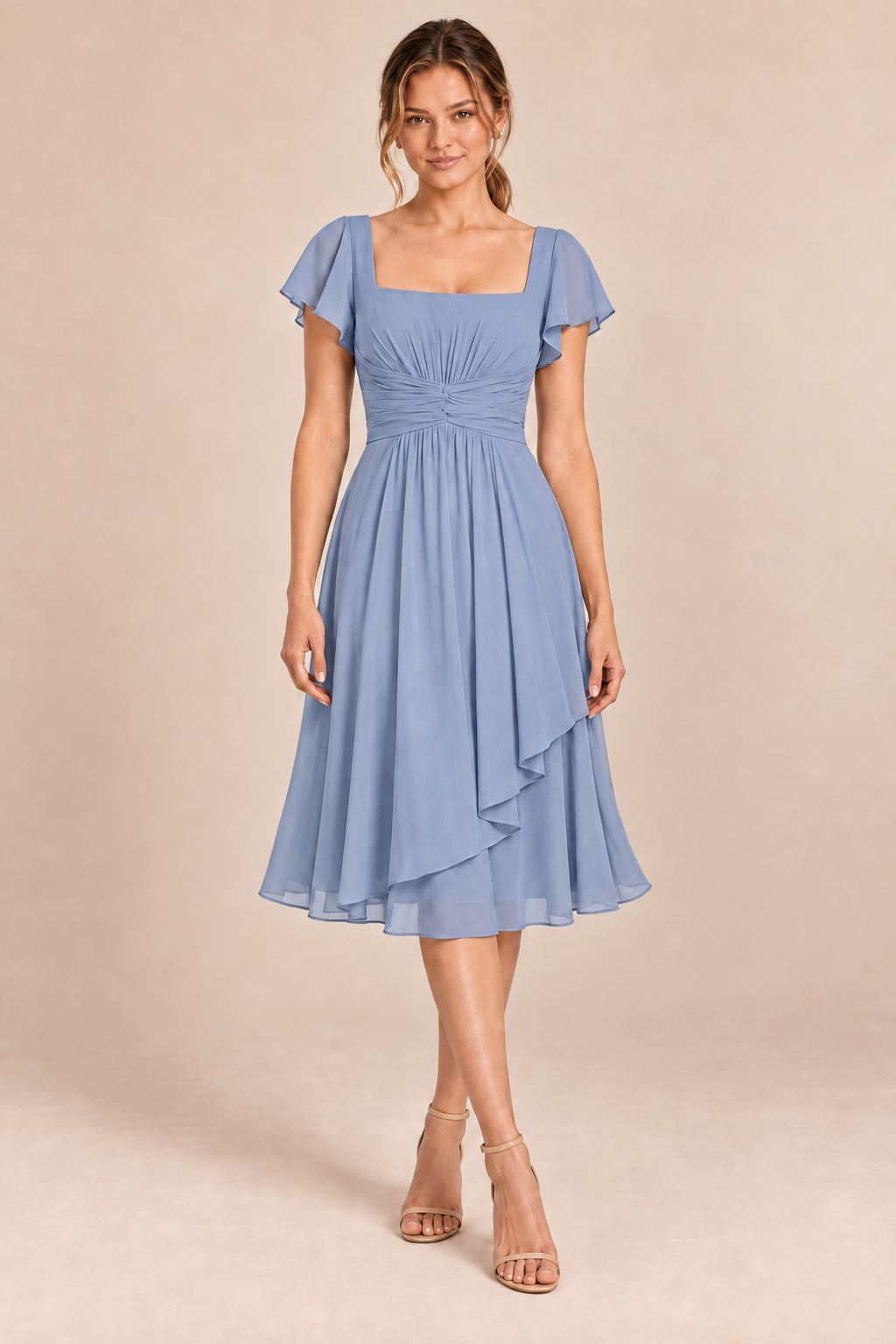 Dusty Blue chiffon square-neck flutter-sleeve chiffon ruched midi dress, front view