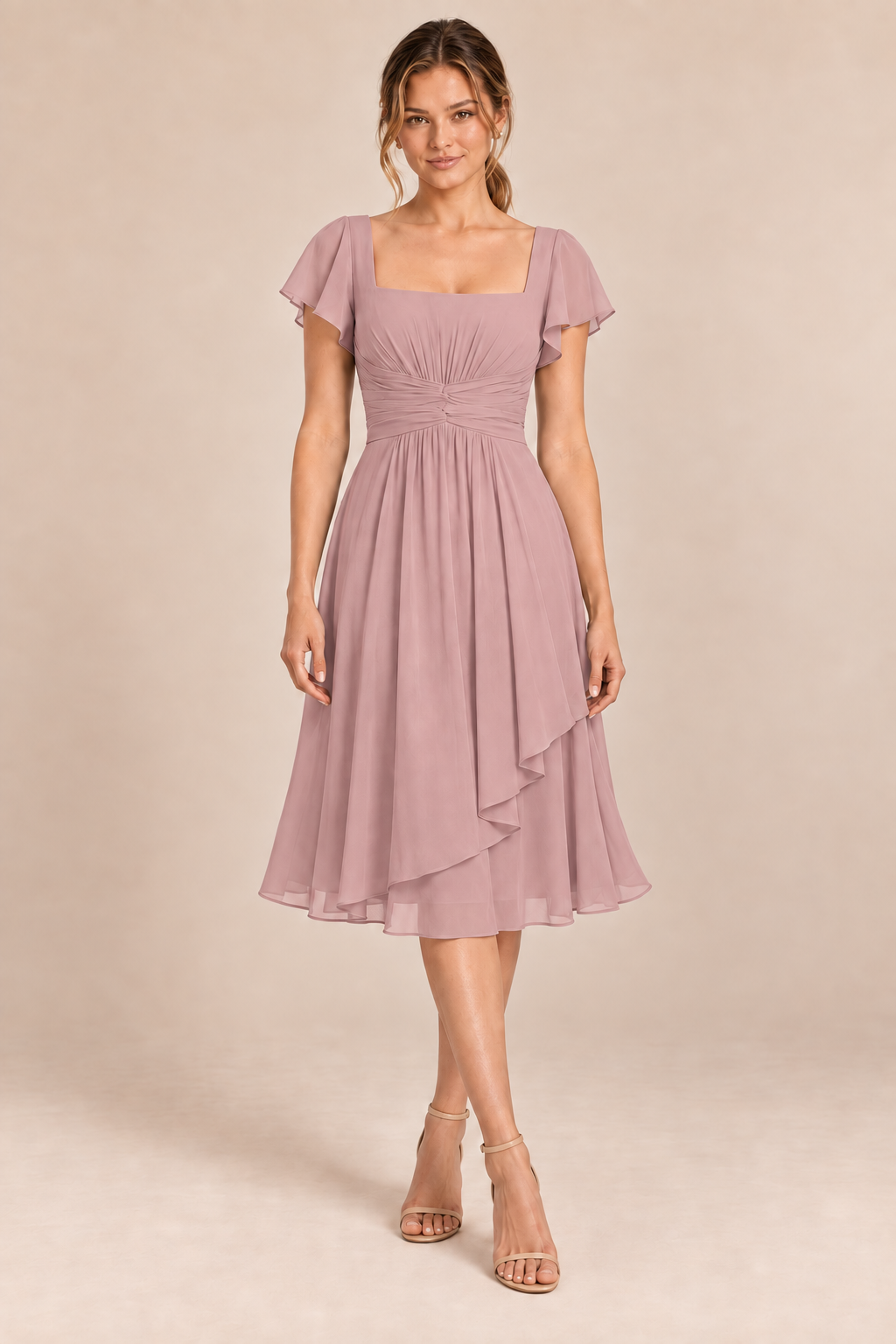 Dusty Rose chiffon square-neck flutter-sleeve chiffon ruched midi dress, front view