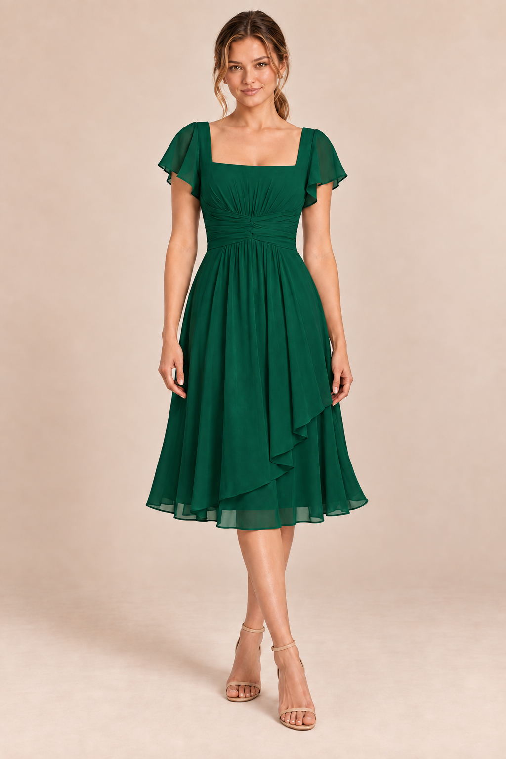 Emerald Green chiffon square-neck flutter-sleeve chiffon ruched midi dress, front view