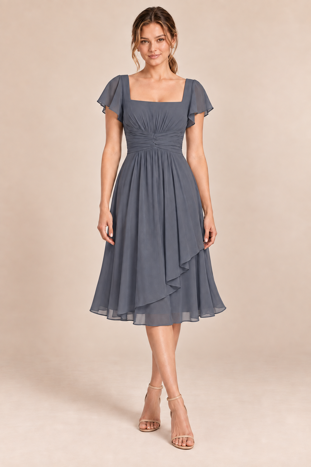 Gray chiffon square-neck flutter-sleeve chiffon ruched midi dress, front view