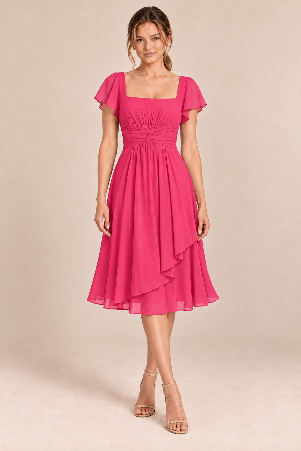 Hot Pink chiffon square-neck flutter-sleeve chiffon ruched midi dress, front view