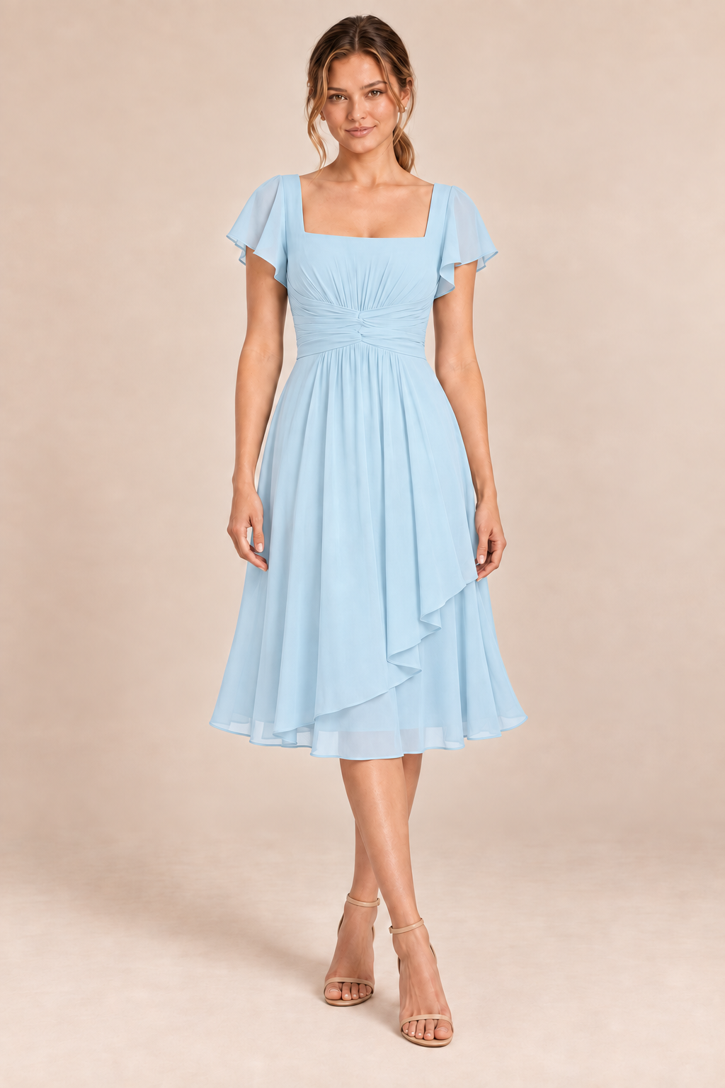 Ice Blue chiffon square-neck flutter-sleeve chiffon ruched midi dress, front view