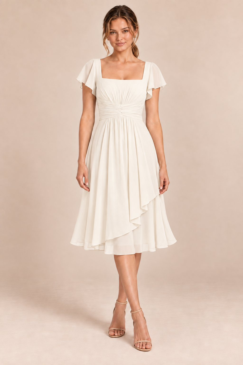 Ivory chiffon square-neck flutter-sleeve chiffon ruched midi dress, front view