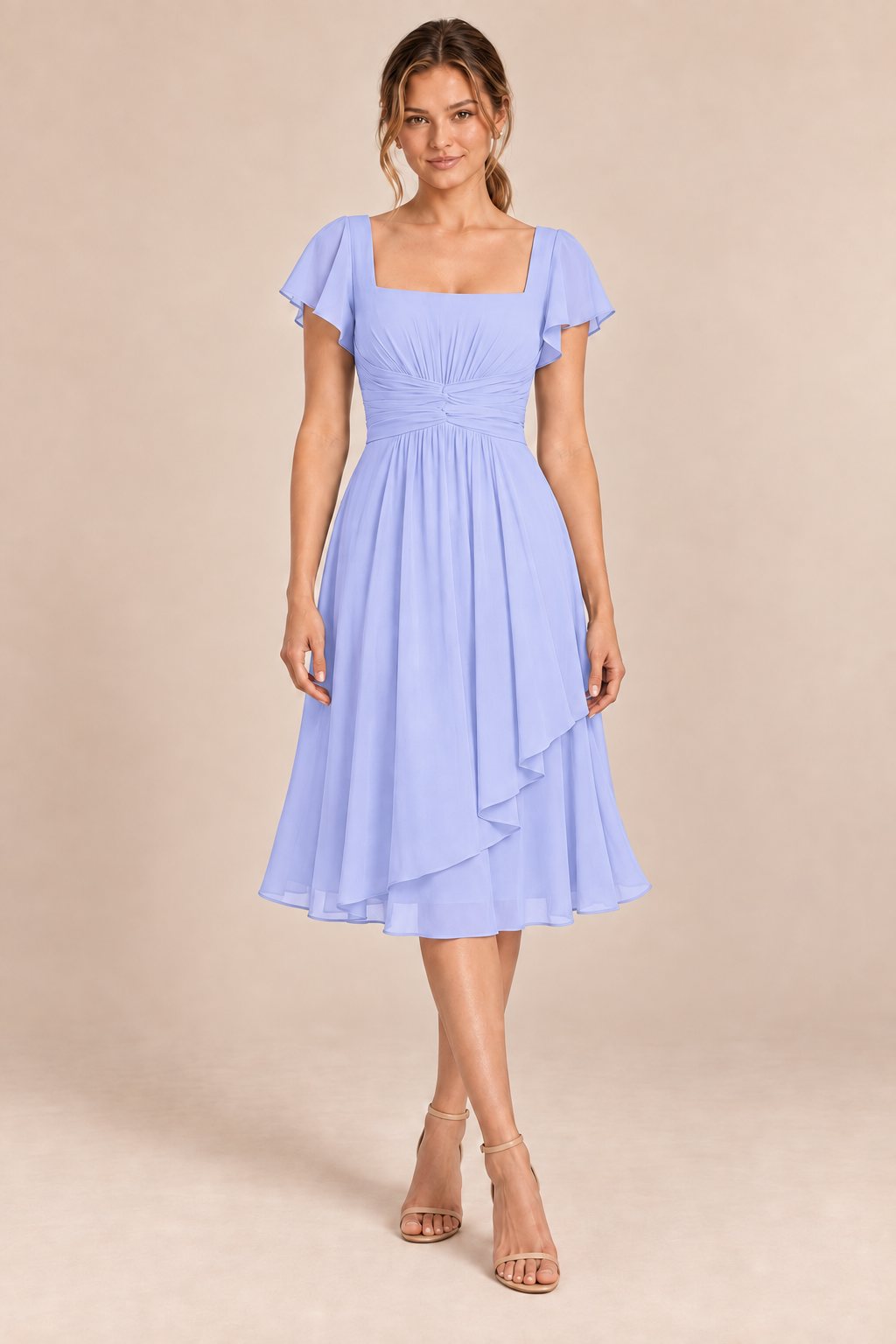 Lavender chiffon square-neck flutter-sleeve chiffon ruched midi dress, front view