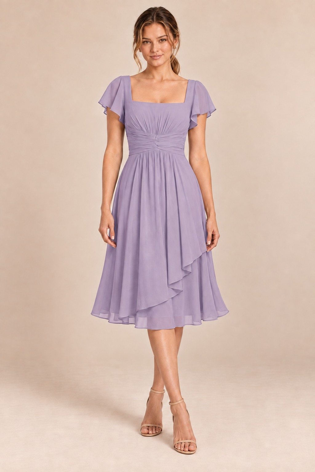 Mauve chiffon square-neck flutter-sleeve chiffon ruched midi dress, front view