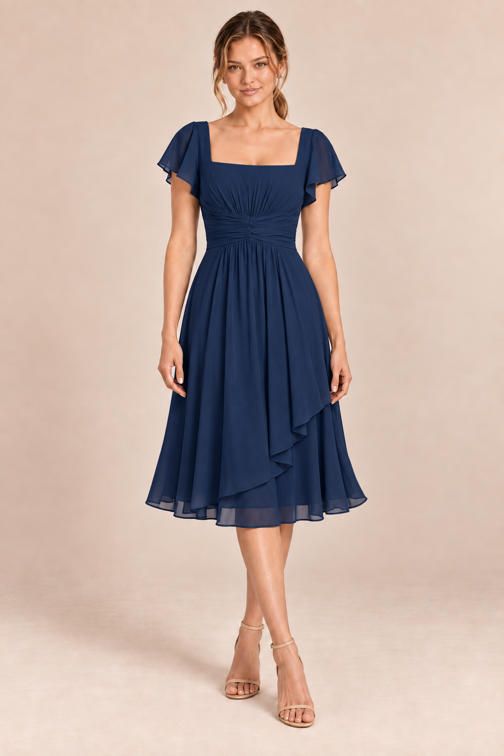 Navy Blue chiffon square-neck flutter-sleeve chiffon ruched midi dress, front view