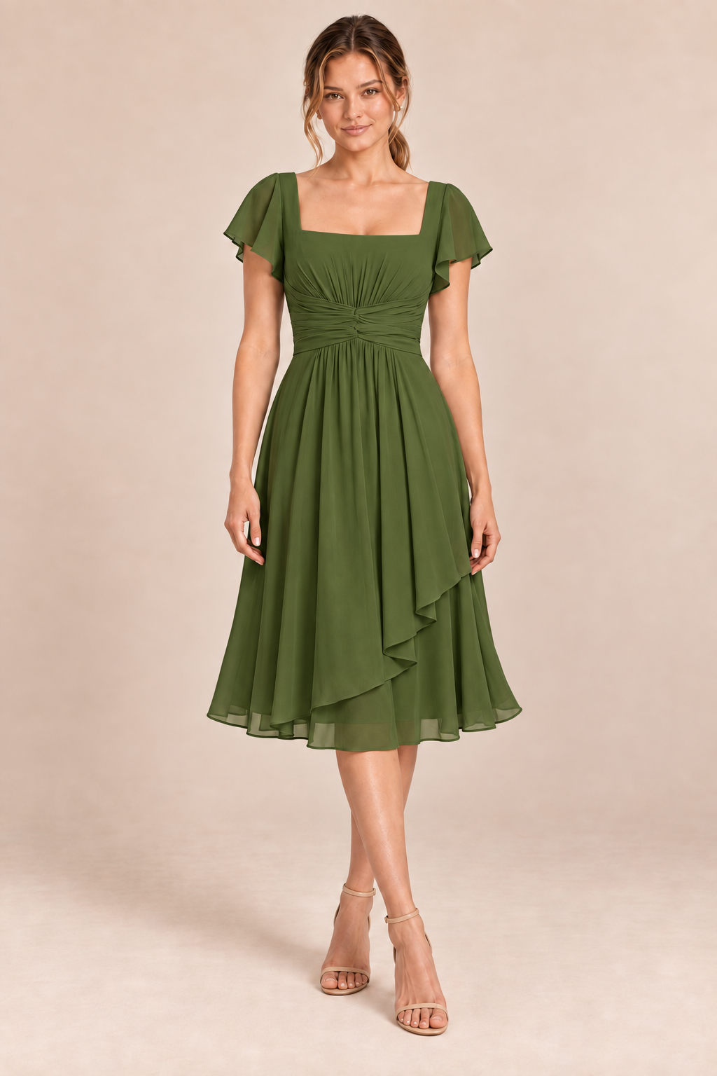 Olive Green chiffon square-neck flutter-sleeve chiffon ruched midi dress, front view