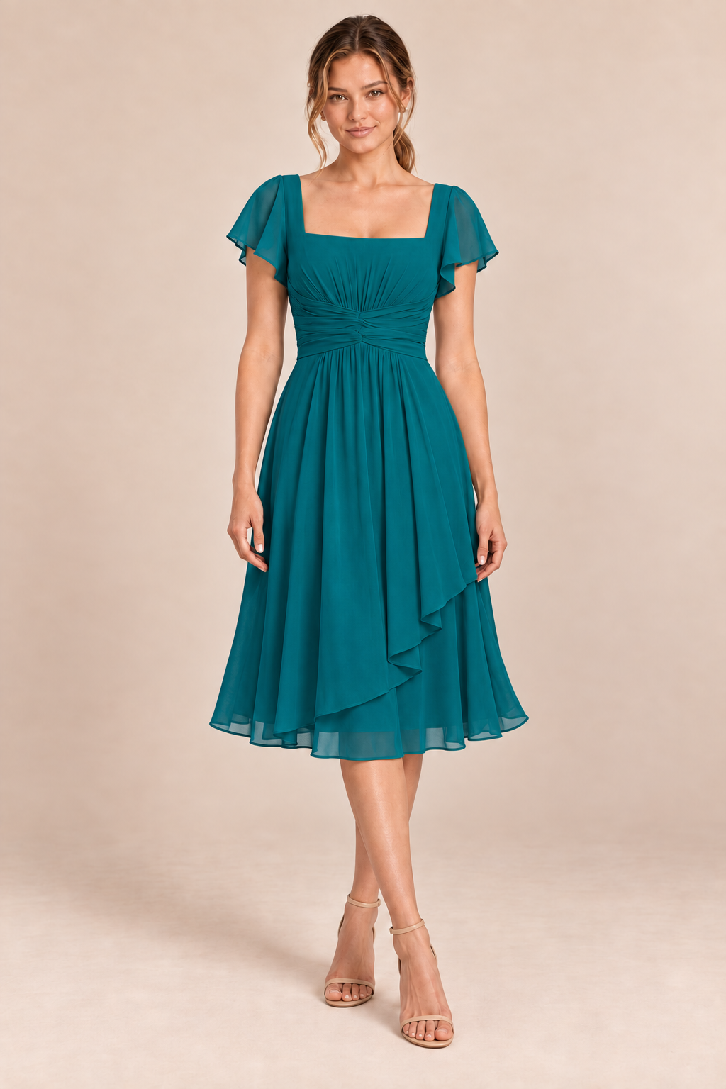 Peacock chiffon square-neck flutter-sleeve chiffon ruched midi dress, front view